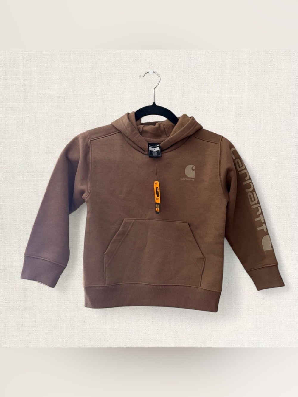 Carhartt Kids Brown Pullover Hoodie with Sleeve Logo
